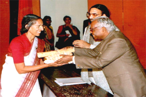 Chairperson being awarded national award for upliftment of blind by honorable Vice president Mr. K.R. Narayanan in New Delhi.